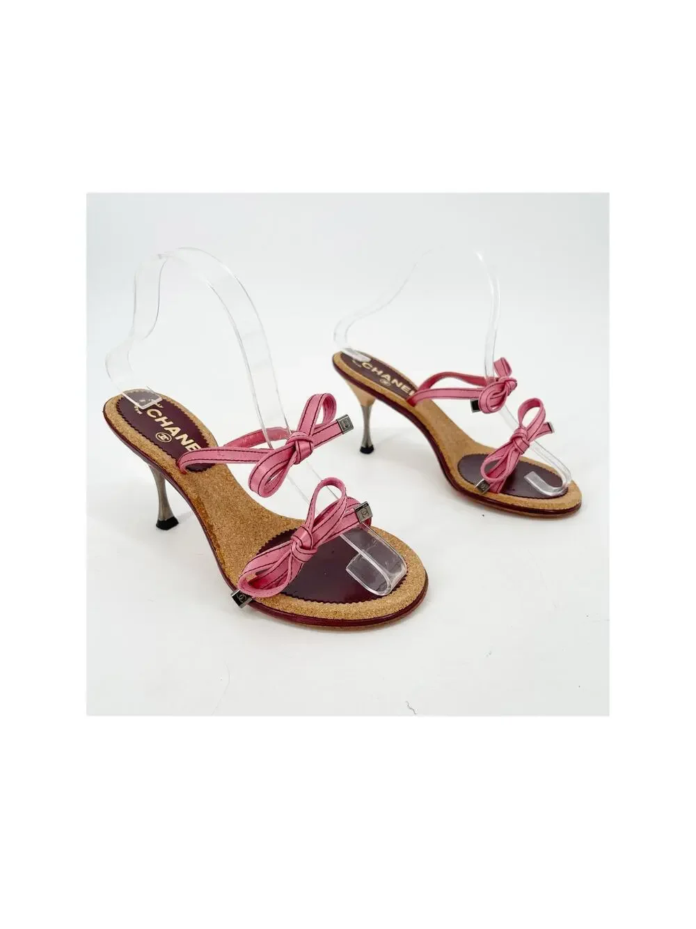 Chanel Vintage Pink Double Strap Satin Bow Cork Sole Slide Sandal Heels EU 38